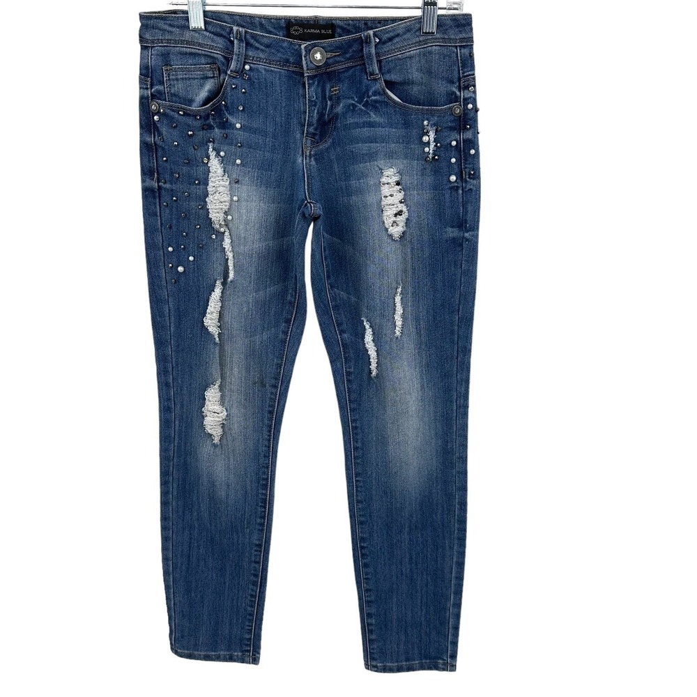 Karma Blue Women Size 7 Distressed Studded Pearl Skinny Jeans Blue Medium Wash